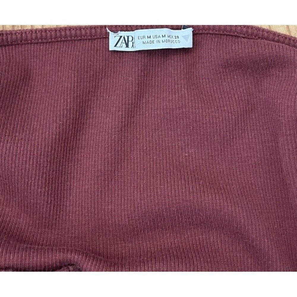 Zara Medium Burgundy Ribbed Long Sleeve Cropped BodyCon Shirt Stretch Maroon - Picture 4 of 4